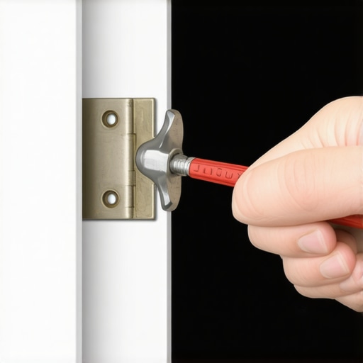 Close-up of a hammer and screwdriver lifting a door hinge pin for maintenance.