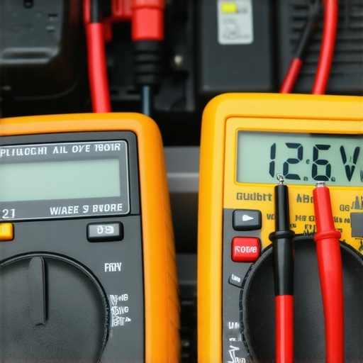 A digital multimeter measuring the voltage of a car battery to diagnose electrical issues.