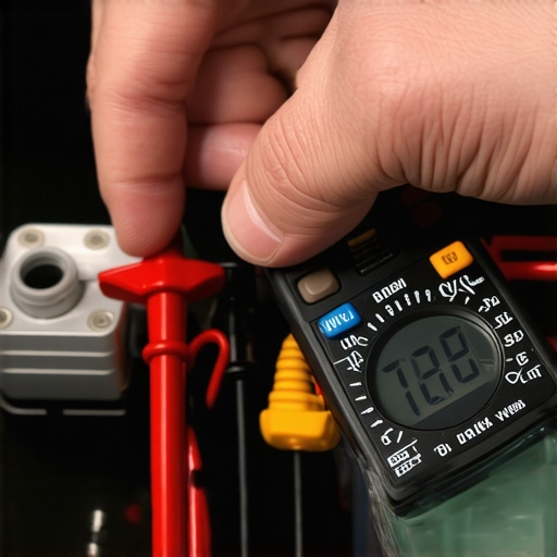 A close-up of a digital multimeter measuring the voltage of a car battery to ensure optimal electrical performance.