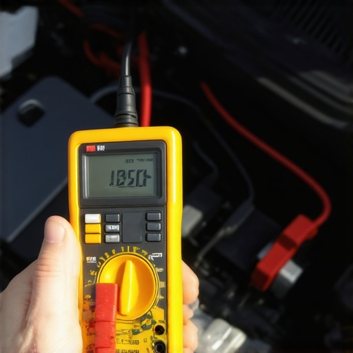 Close-up of a mechanic using a digital multimeter to check a car battery ground wire for voltage drop.