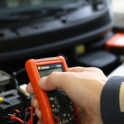 Testing Car Battery with a Digital Multimeter Professional mechanic using a digital multimeter to check the voltage of a car battery for preventive maintenance.