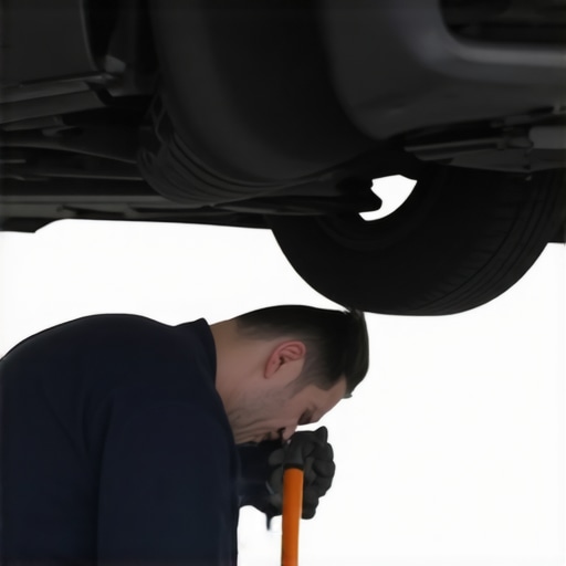 A mechanic performs a tap test on a catalytic converter to check for internal failure.