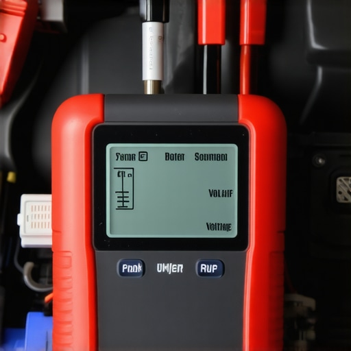 Digital battery load tester connected to a car battery for diagnostic health check