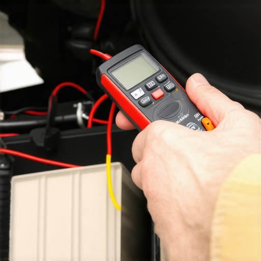 Testing car battery voltage for sulfur smell diagnosis A technician testing a car battery with a multimeter to see if overcharging is causing a rotten egg smell.