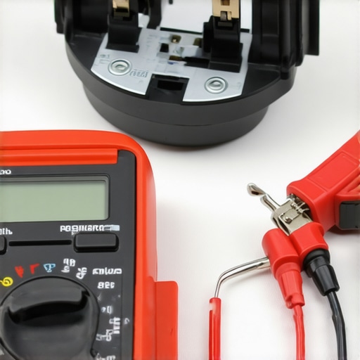 A technician using a digital multimeter to measure the resistance of a brake light switch.