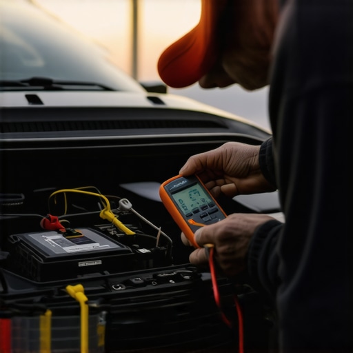 Testing car electrical system with a multimeter Hands using a multimeter to diagnose a radiator fan electrical issue in a car engine bay.