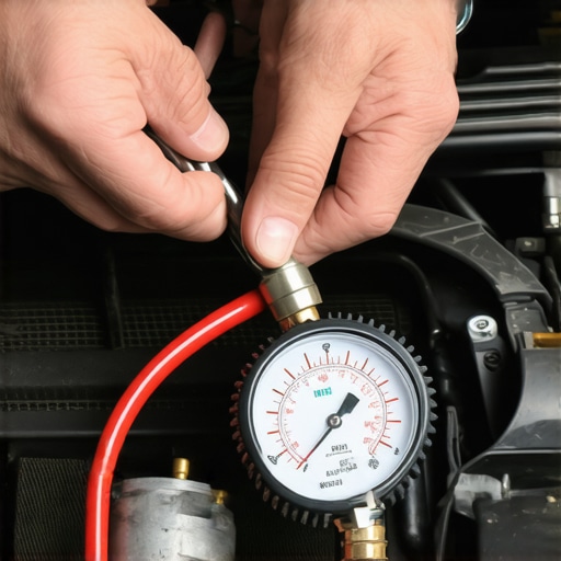 A mechanic using a pressure tester on a car radiator to find internal coolant leaks.