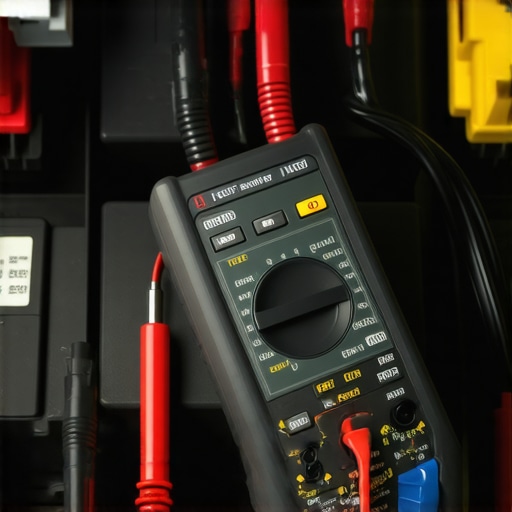 Digital multimeter connected to a car battery for electrical diagnostics