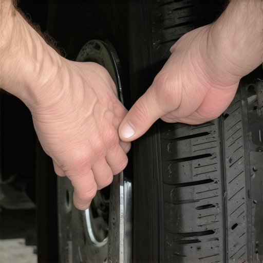 A person checking a car wheel for movement to diagnose a bad wheel bearing.