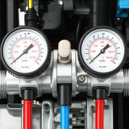 AC manifold gauges showing high pressure on a car air conditioning system
