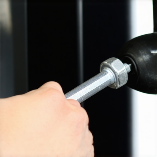 A mechanic using a Torx wrench to secure a shaky rearview mirror mounting screw.