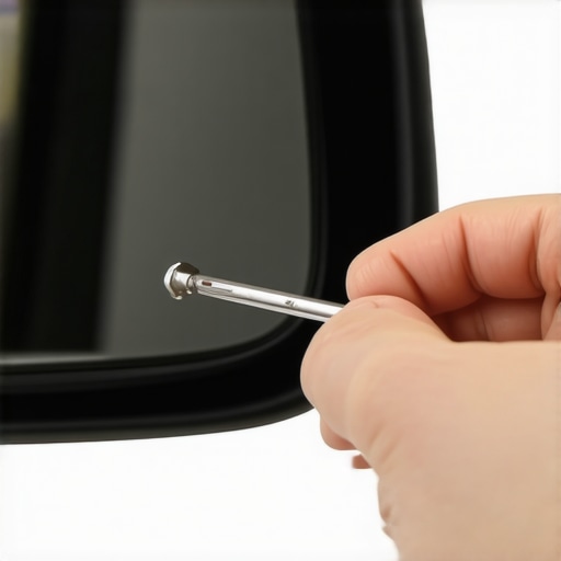Close-up of a person fixing a shaky car mirror with a screwdriver