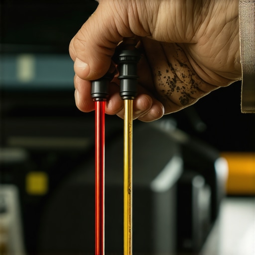 Comparison between healthy red transmission fluid and burnt brown fluid on a dipstick