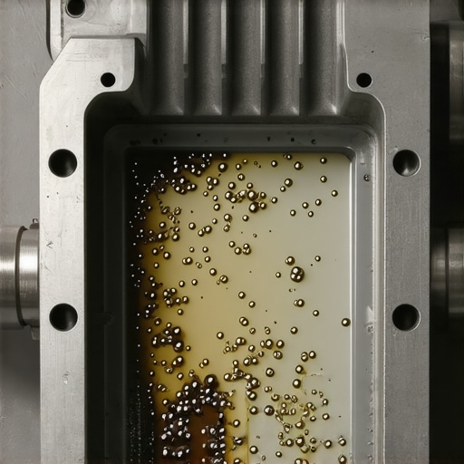 Close up of metal shavings and dark sludge inside a transmission oil pan