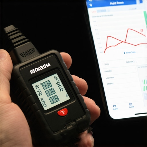 A mechanic using a Bluetooth OBD2 scanner and smartphone to monitor car engine fuel trims and diagnostic codes.