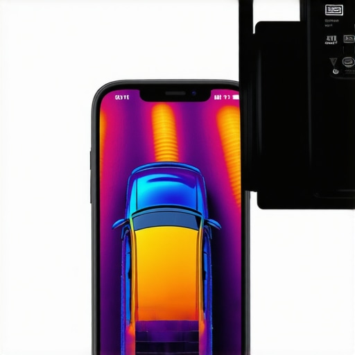 Smartphone with thermal camera detecting heat signatures and blockages in a car radiator.