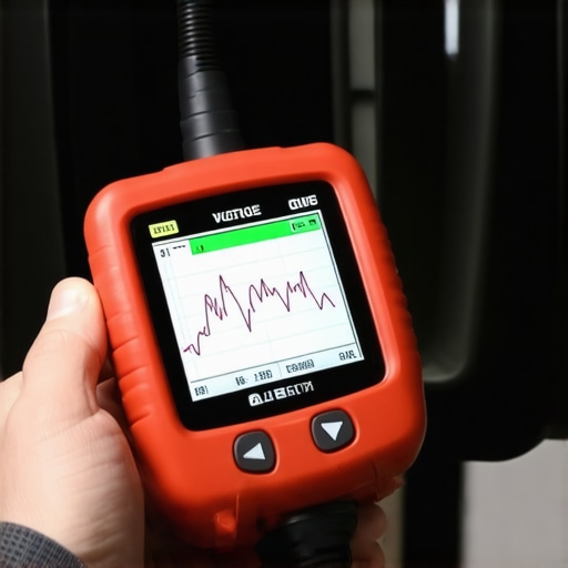 A handheld diagnostic scanner displaying live transmission performance graphs in a workshop.