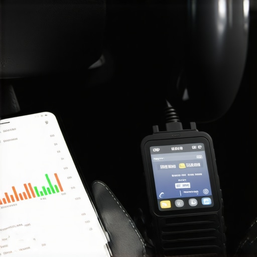 Close-up of a Bluetooth OBDII scanner and smartphone diagnostic app