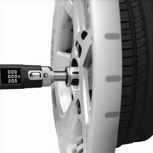 A mechanic tightening a wheel bearing hub using a digital torque wrench