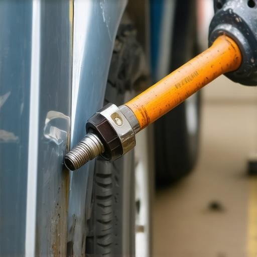 Mechanic using a hand impact driver and hammer to remove a stripped license plate screw from a car.