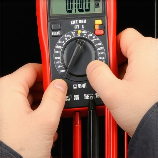 Hands measuring car battery voltage with a digital multimeter in a garage