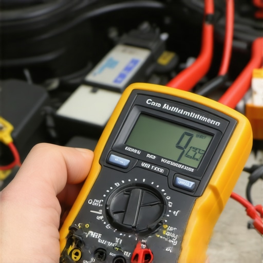 Close-up of a digital multimeter testing a car battery voltage to prevent parasitic drain