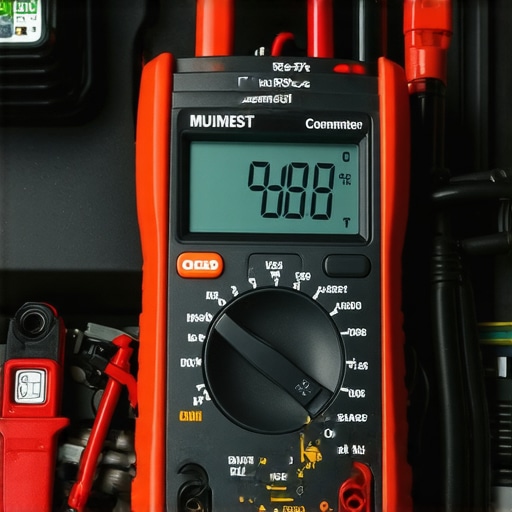 Close up of a digital multimeter testing car battery voltage in an engine bay.