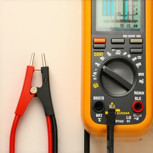 Digital multimeter testing car battery ground strap for electrical resistance