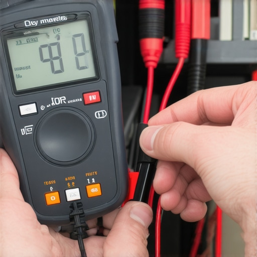Close up of a technician using a digital multimeter to check voltage on a car signal bulb socket.