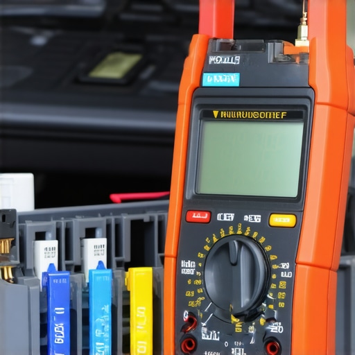 Close-up of a multimeter testing a 100-amp alternator fuse in a car engine compartment.