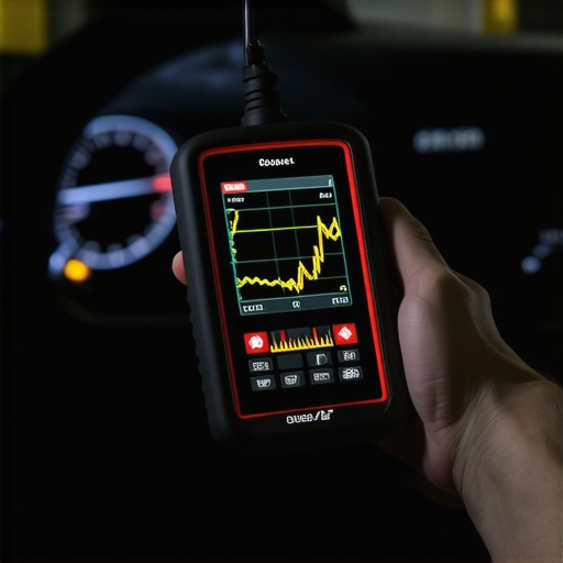 A hand holding a digital car diagnostic tool showing live performance data inside a vehicle.