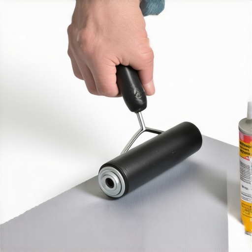Close-up of a hand using a rolling tool to apply pressure to car headliner fabric for a smooth finish.