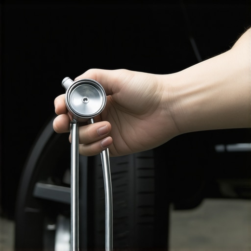 Mechanic using a stethoscope to listen to a wheel bearing for signs of wear.