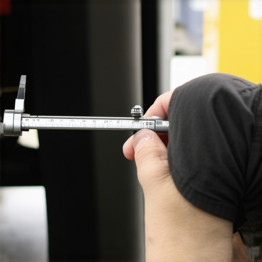 Mechanic measuring car chassis with a telescoping tram gauge tool