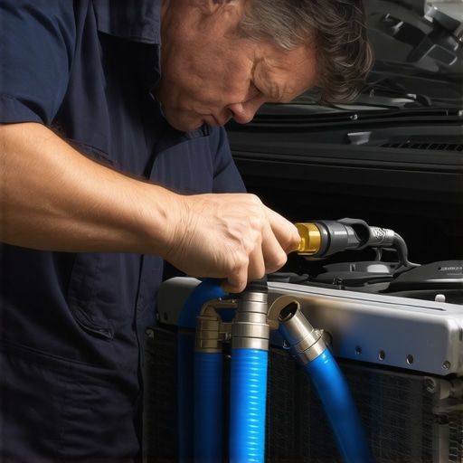Technician using a vacuum tool to remove air from a car cooling system to fix heater issues