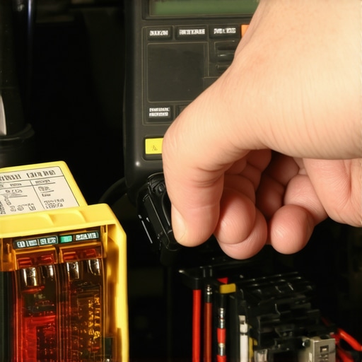 Hand inserting a reset circuit breaker into a vehicle fuse box to find an electrical short.