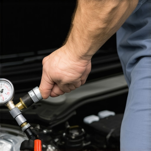 A mechanic uses a hand pump pressure tester to diagnose a hidden coolant leak in a vehicle engine bay.