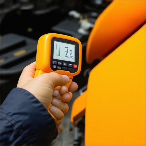 Mechanic using an infrared thermometer to find hot and cold spots on a car radiator