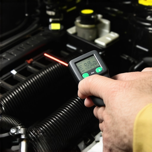 Mechanic using an infrared thermometer to check car engine temperature for hotspots.