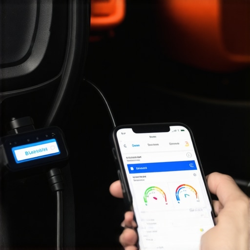 An OBD2 Bluetooth scanner connected to a car dashboard displaying live engine data on a smartphone.