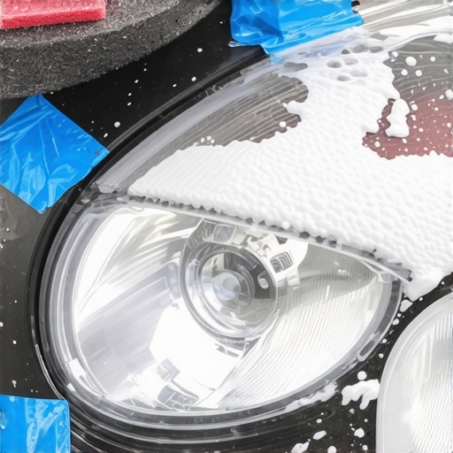 A mechanic wet sanding a cloudy car headlight showing the removal of yellow oxidation.
